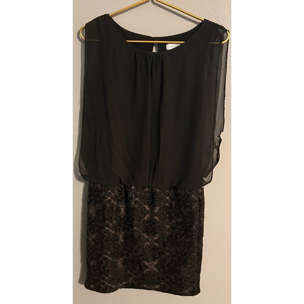 Calvin Klein Black Sequin Lace Chiffon Blouson Cocktail Dress Size 6 CD5B1879‎